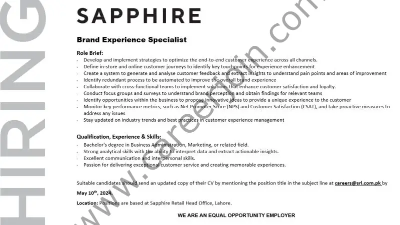 Sapphire Retail Limited SRL Jobs May 2024 2