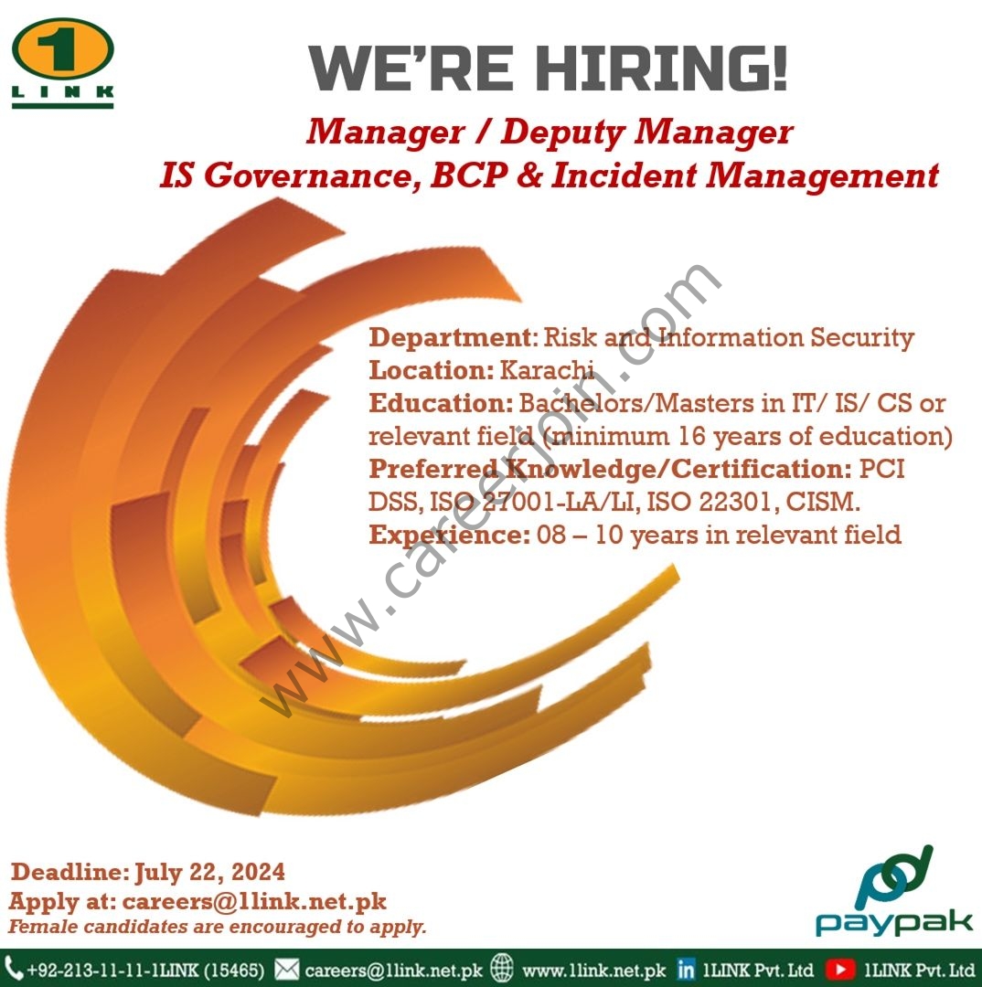 1Link Pvt Ltd Jobs Manager / Deputy Manager IS Governance BCP & Incident Management 1