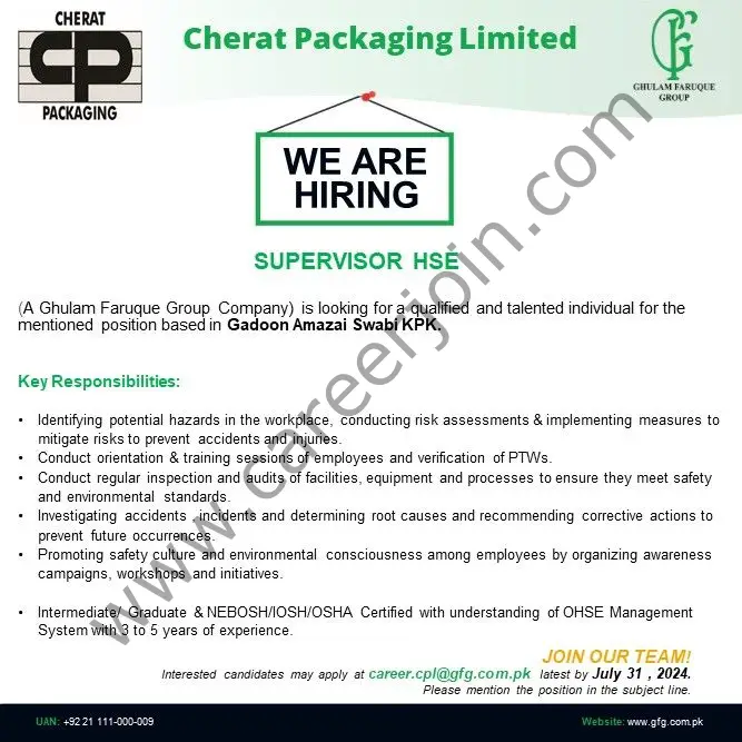 Cherat Packaging Pvt Ltd Jobs Supervisor HSE 1