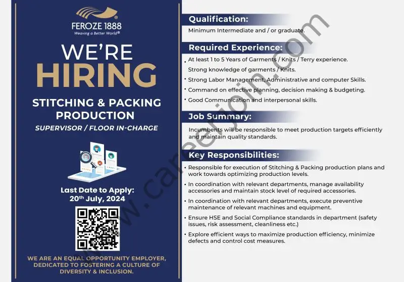 Feroze1888 Mills Ltd Jobs Supervisor / Floor Incharge Stitching & Packing Production 1