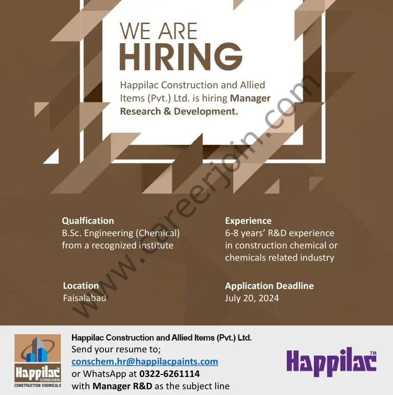 Happilac Construction & Allied Items Pvt Ltd Jobs Manager Research & Development 1