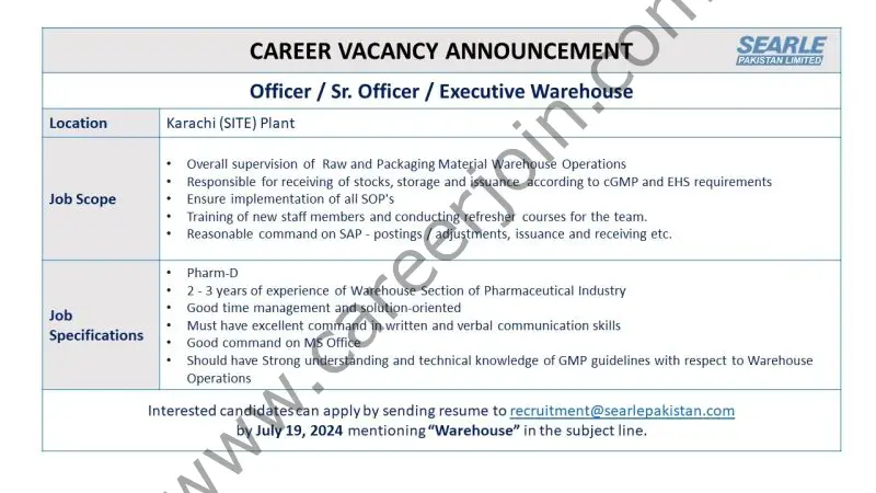 The SEARLE Company Jobs Officer / Sr Officer / Executive Warehouse 1