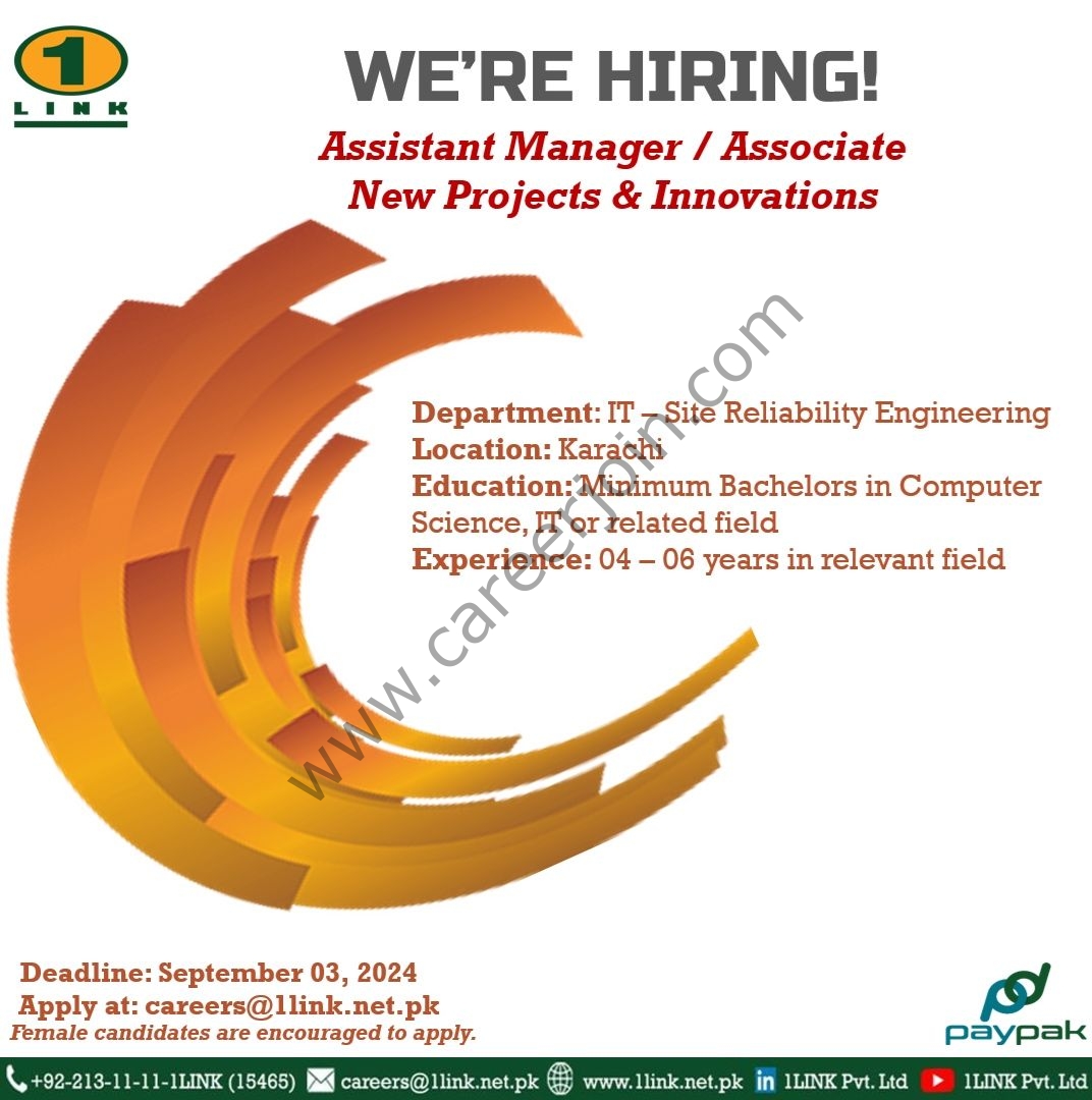 1Link Pvt Ltd Jobs Assistant Manager / Associate New Projects & Innovations 1
