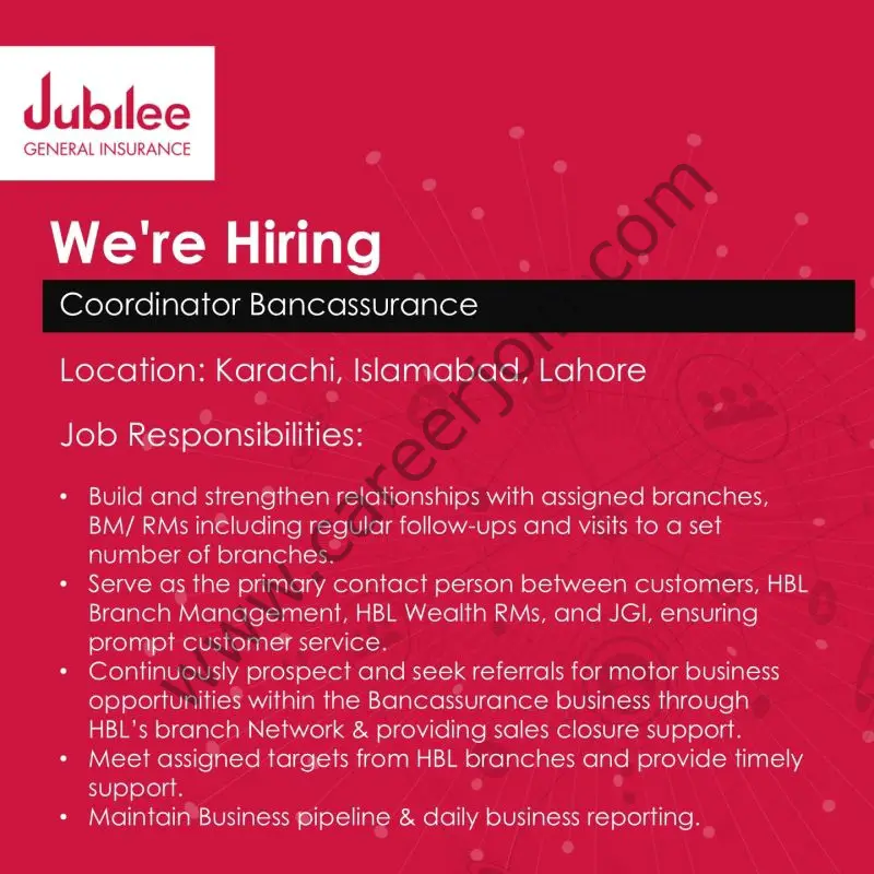 Jubilee General Insurance Jobs Coordinator Bancassurance 1