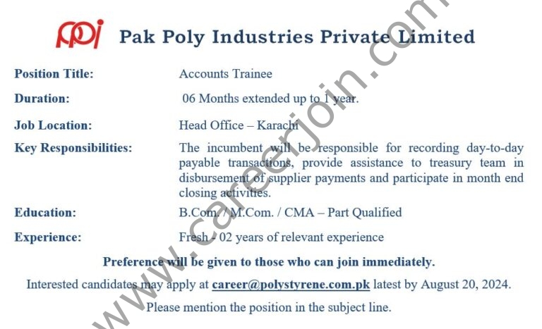 Pakistan Poly Pak Poly Industries Pvt Ltd Jobs Accounts Trainee