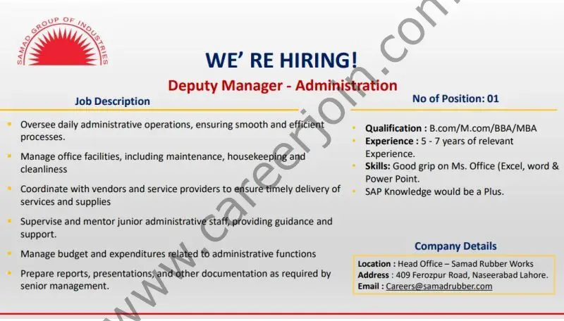 Samad Rubber Works Pvt Ltd Jobs Deputy Manager Administration 1