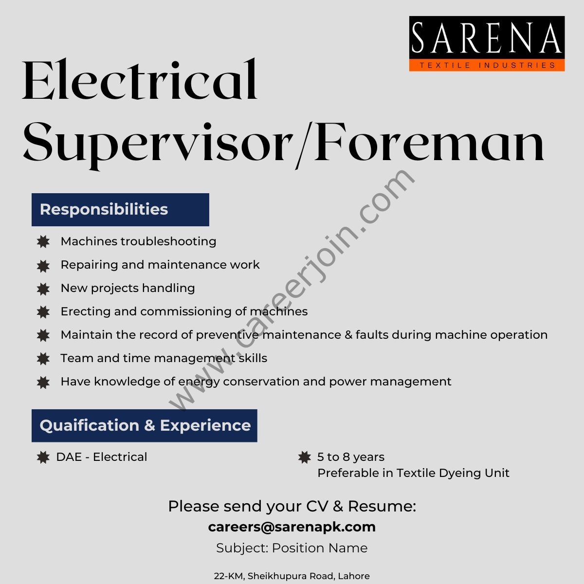 Sarena Textile Industries Jobs Electrical Supervisor / Foreman 1