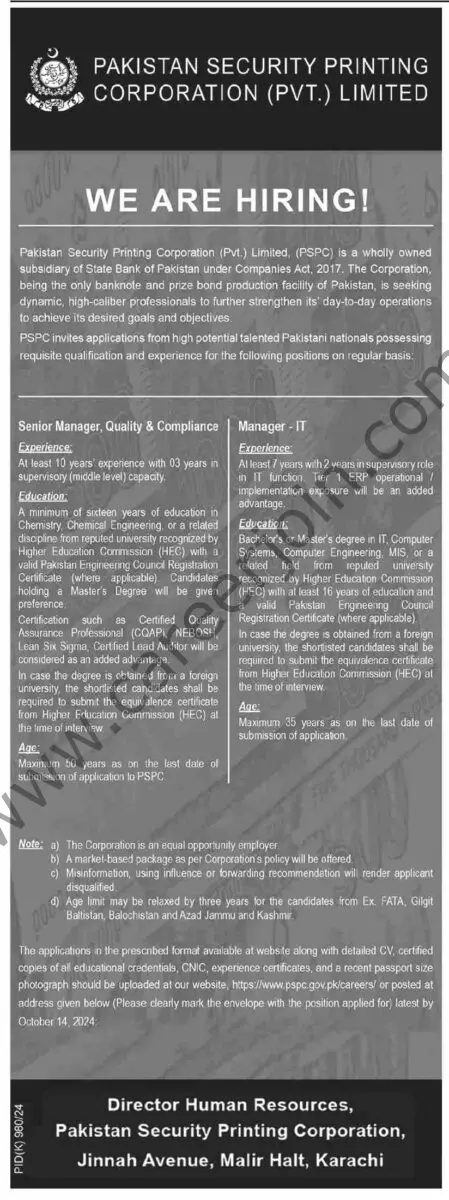 Pakistan Security Printing Corporation Pvt Ltd PSPC Jobs 29 September 2024 Dawn 1