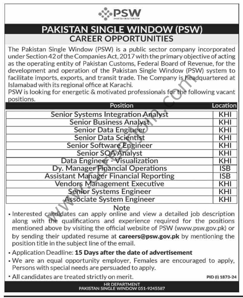 PSW Pakistan Single Window Jobs September 2024