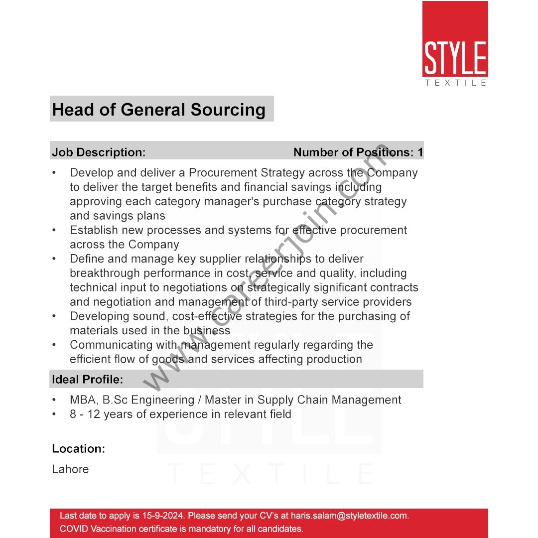 Style Textile Pvt Ltd Jobs September 2024 1