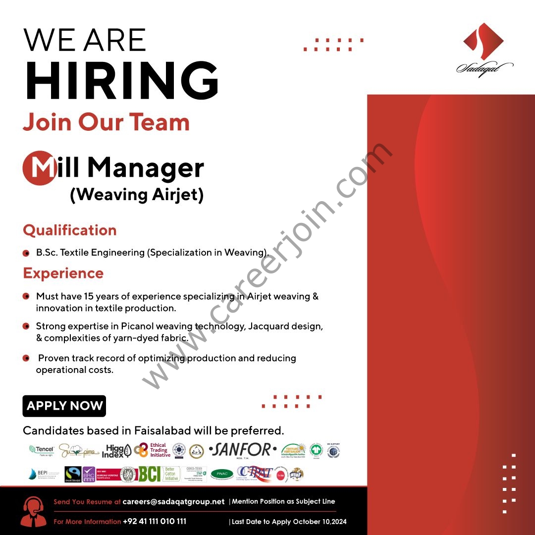 Sadaqat Limited Jobs Mill Manager 1