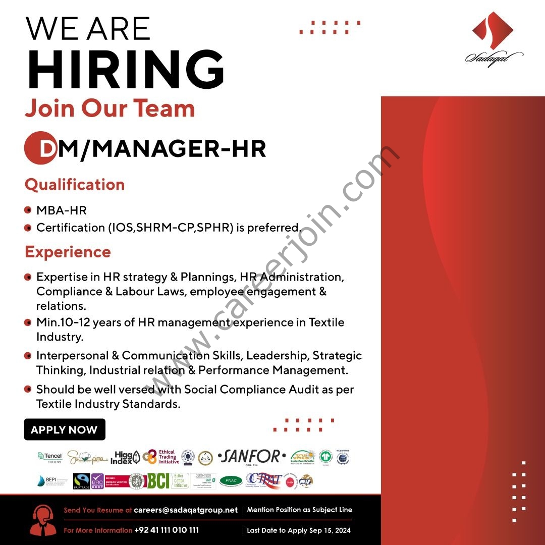 Sadaqat Limited Jobs Deputy Manager / Manager HR 1