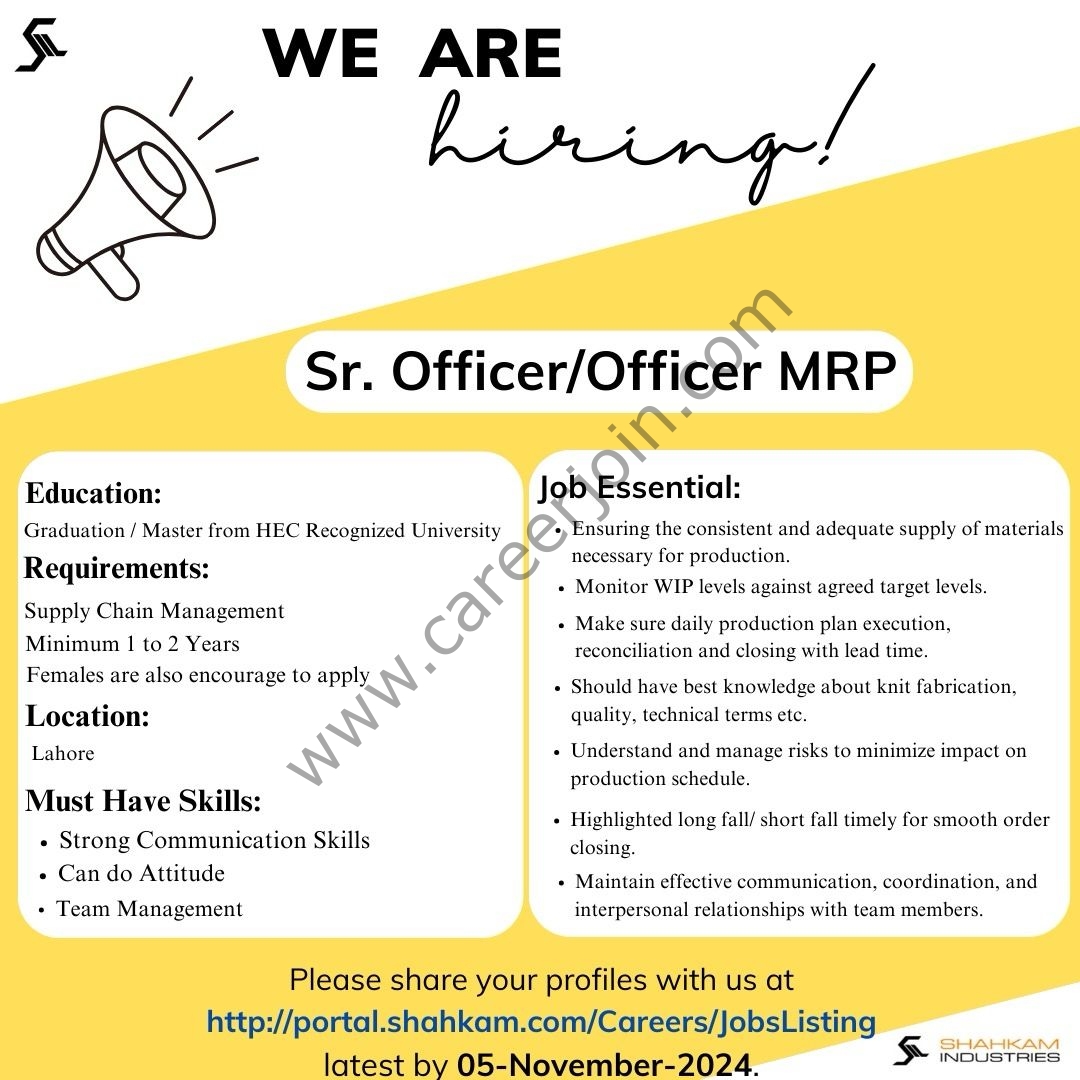 Shahkam Industries Jobs Sr Officer/Officer MRP 1
