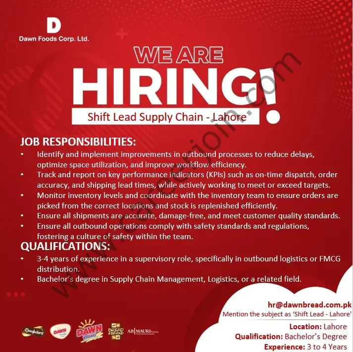 Dawn Foods Corp Ltd Jobs Shift Lead Supply Chain 1