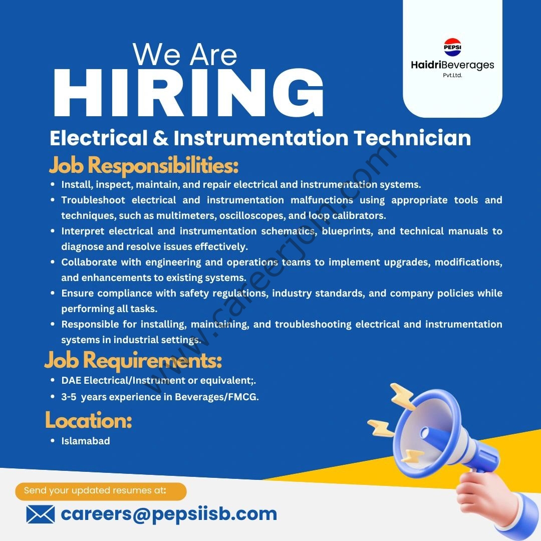 Haidri Beverages Pvt Ltd Jobs Electrical & Instrumentation Technician 1