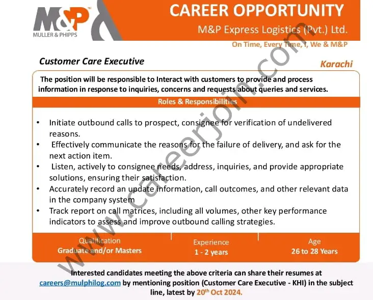 M&P Express Logistics (Pvt) Ltd Jobs Customer Care Executive 1