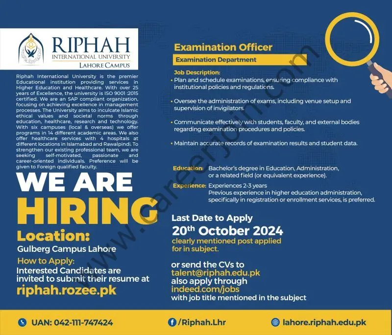 RIPHAH International University Jobs Examination Officer 1