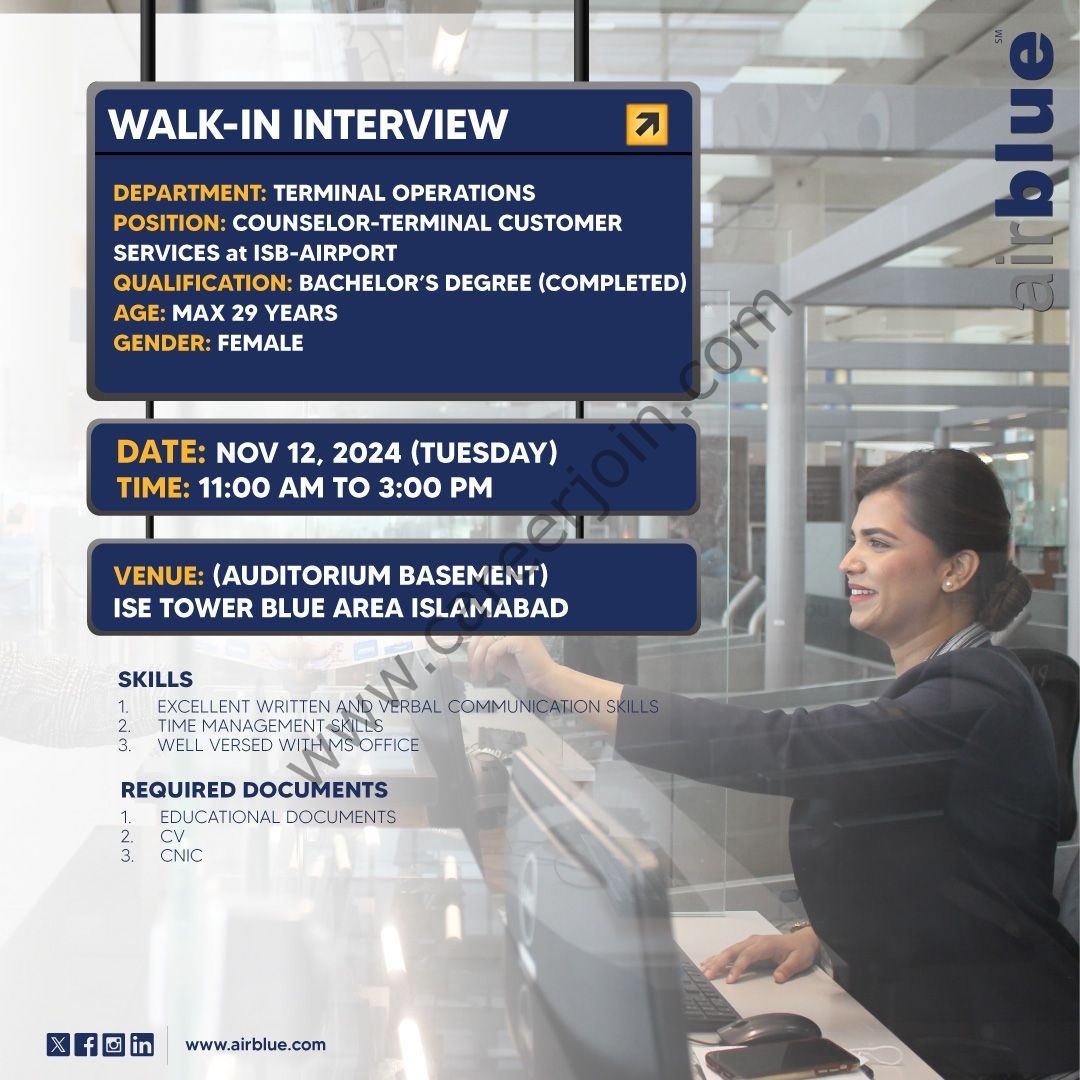 Airblue Pakistan Jobs Counselor Terminal Customer Services 1