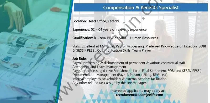 Adamjee Life Insurance Company Limited Jobs Compensation & Benefits Specialist 1