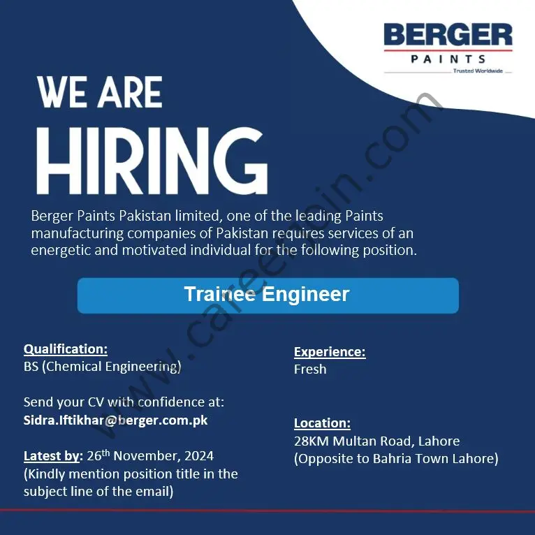 Berger Paints Pakistan Jobs Trainee Engineer 1