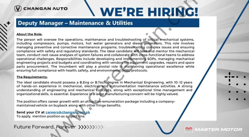 Changan Auto Jobs Deputy Manager Maintenance & Utilities 1
