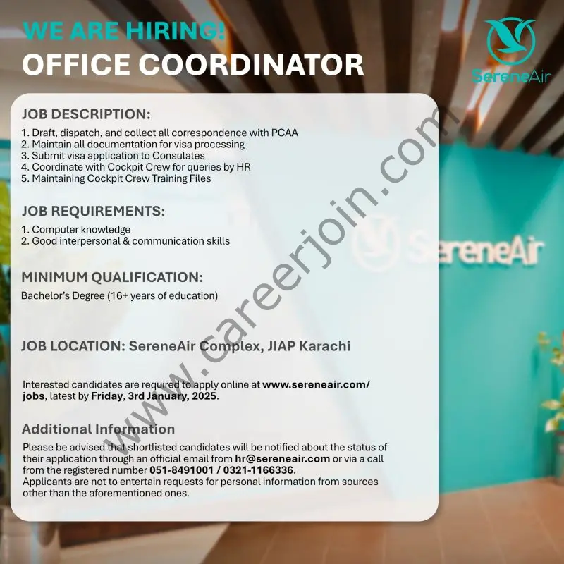 Serene Air Jobs Office Coordinator 1