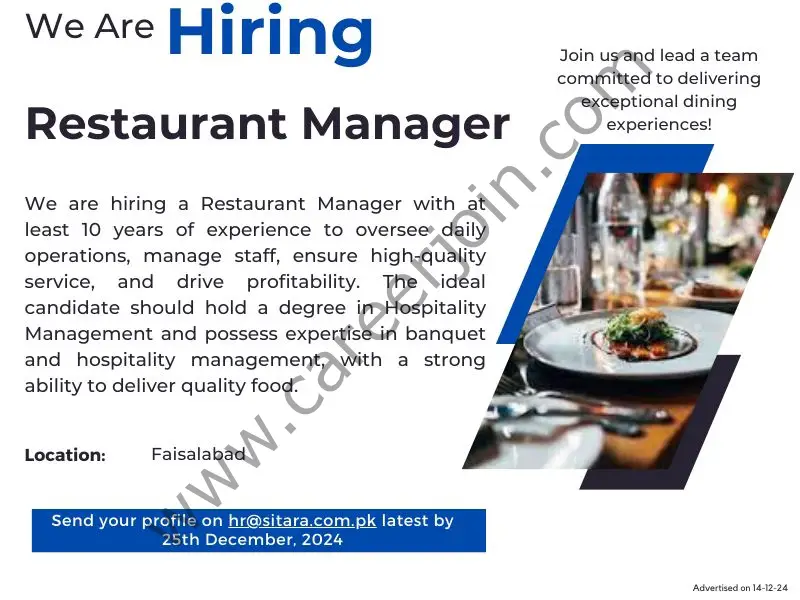 Sitara Chemical Industries Limited Jobs Restaurant Manager 1