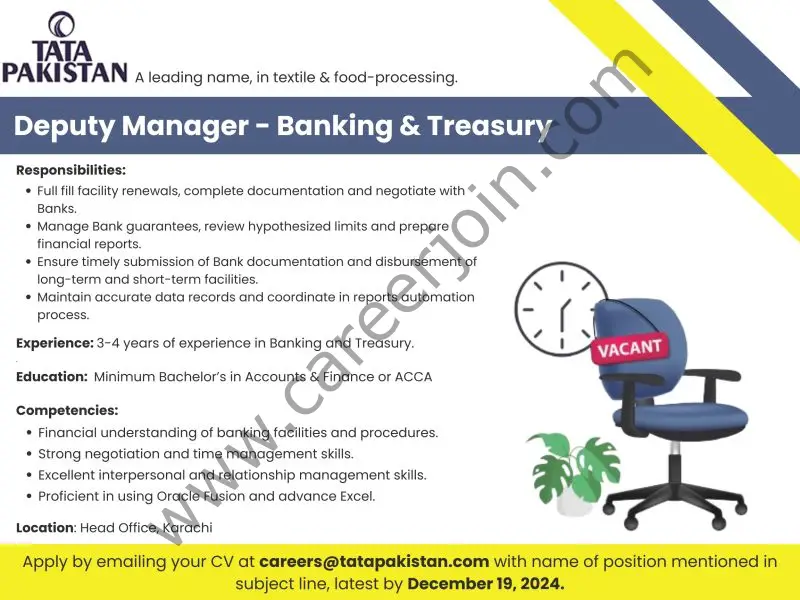 Tata Pakistan Jobs Deputy Manager Banking & Treasury 1
