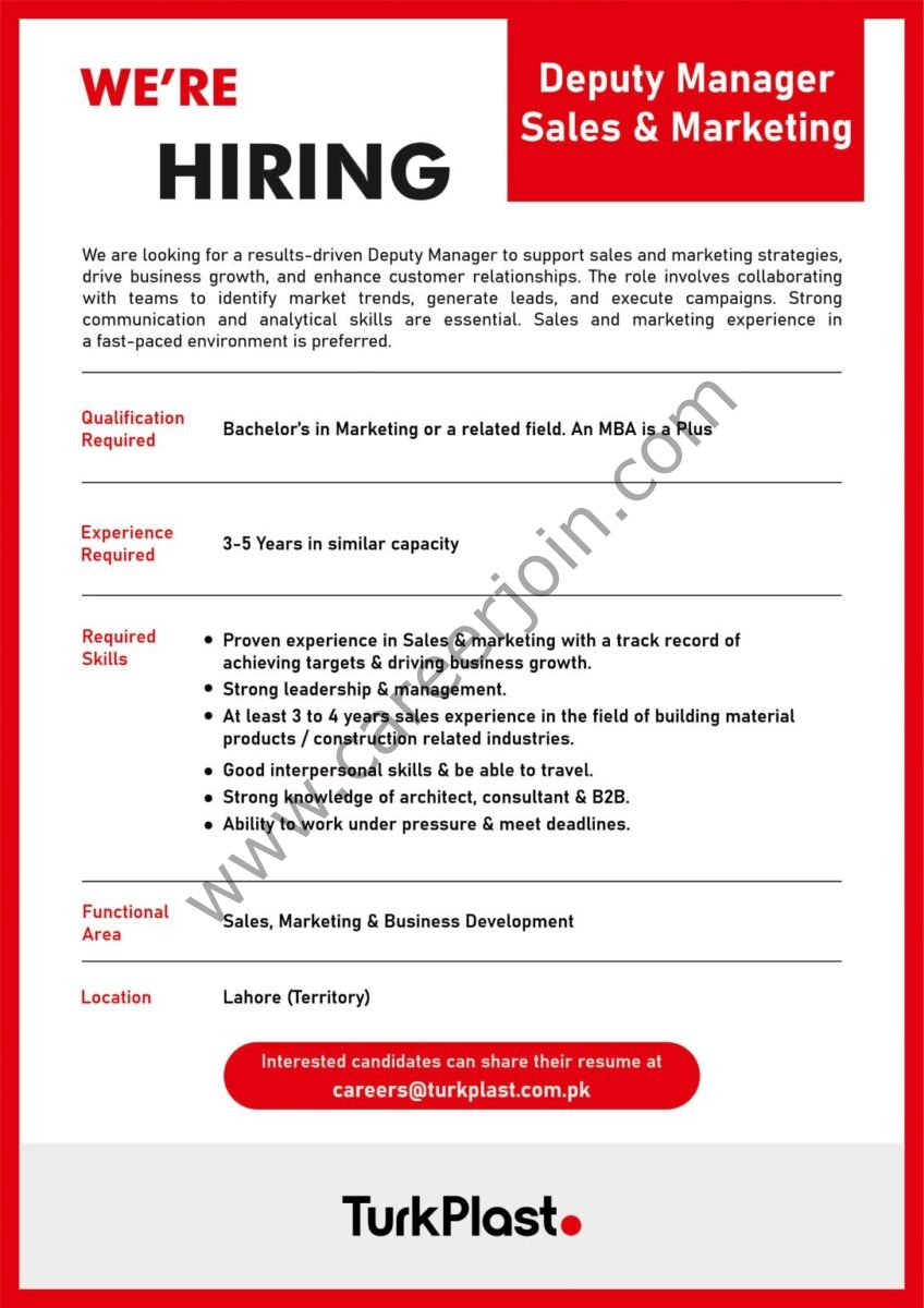 TurkPlast Pvt Ltd Jobs Deputy Manager Sales & Marketing 1