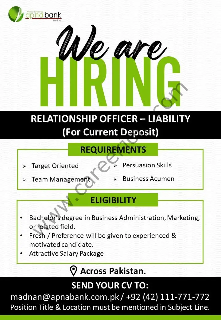Apna Bank Limited Jobs Reltionship Officer Liability 1