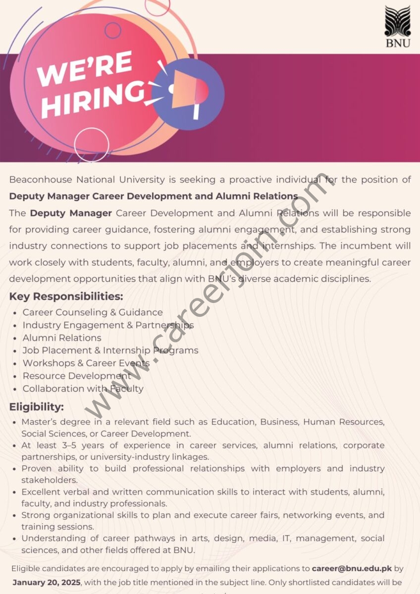 Beaconhouse National University BNU Jobs Deputy Manager Career Development and Alumni Relations 1