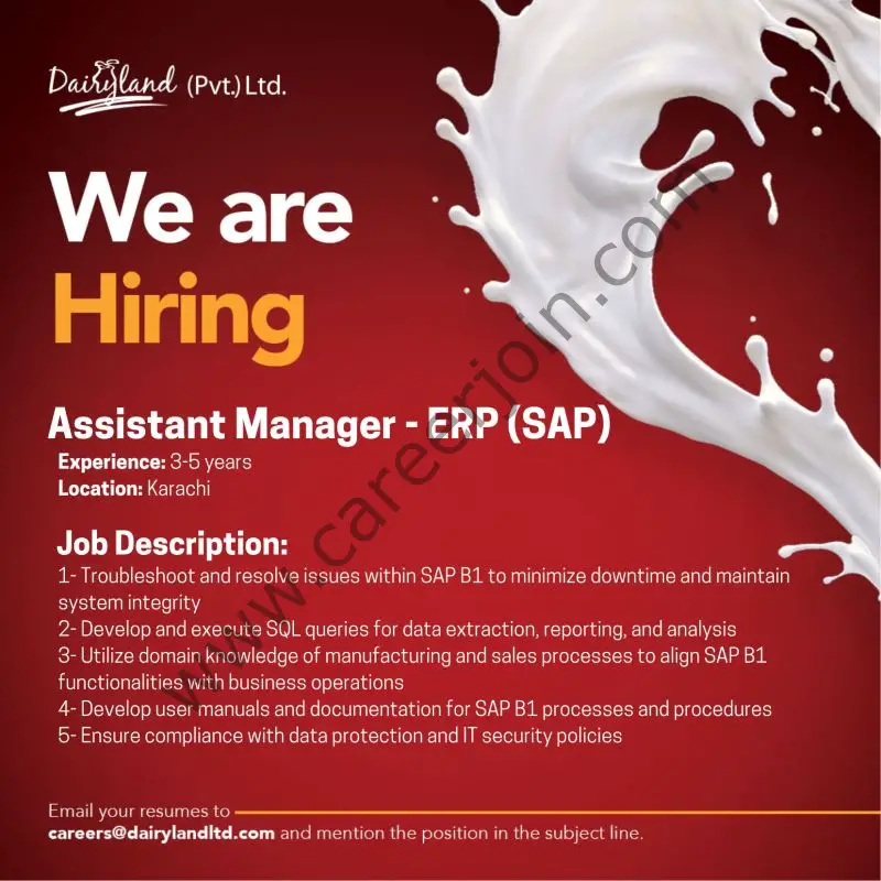 Dairyland Pvt Ltd Jobs Assistant Manager ERP (SAP) 1