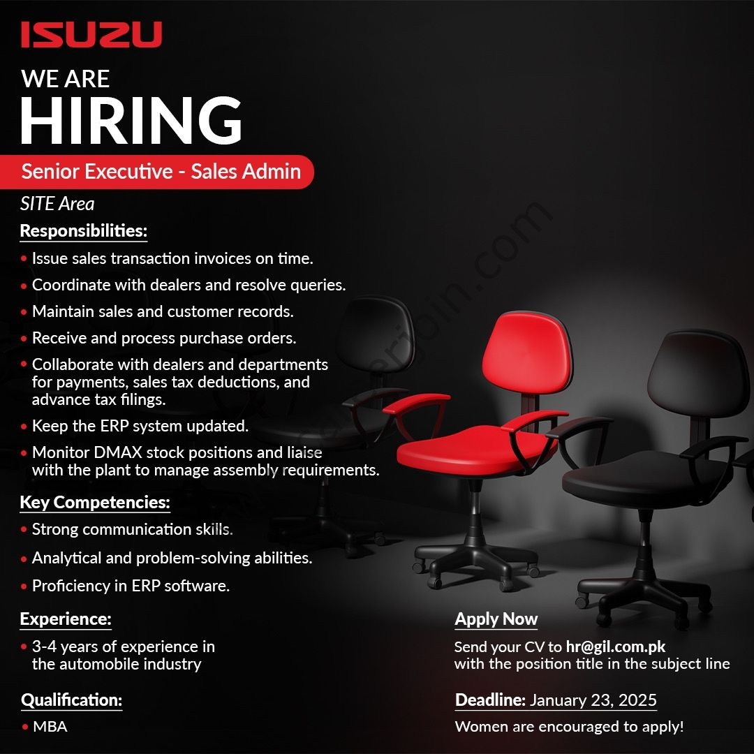 ISUZU Pakistan Jobs Senior Executive Sales Admin 1