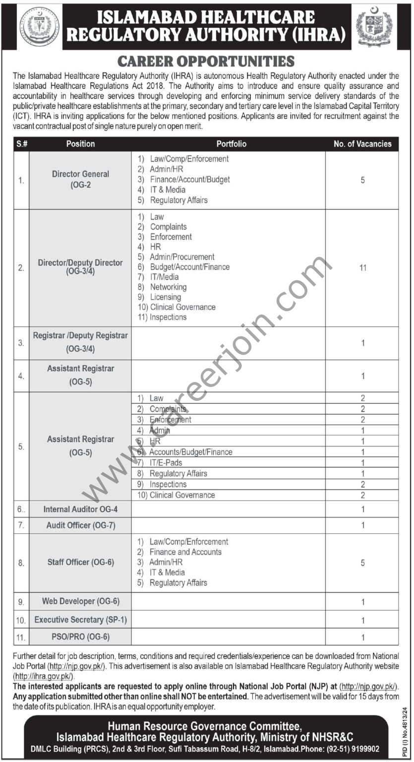Islamabad Healthcare Regulatory Authority IHRA Jobs January 2025