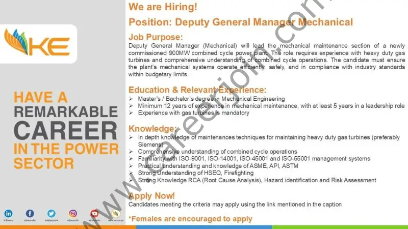 K Electric Pvt Ltd Jobs Deputy General Manager Mechanical 1