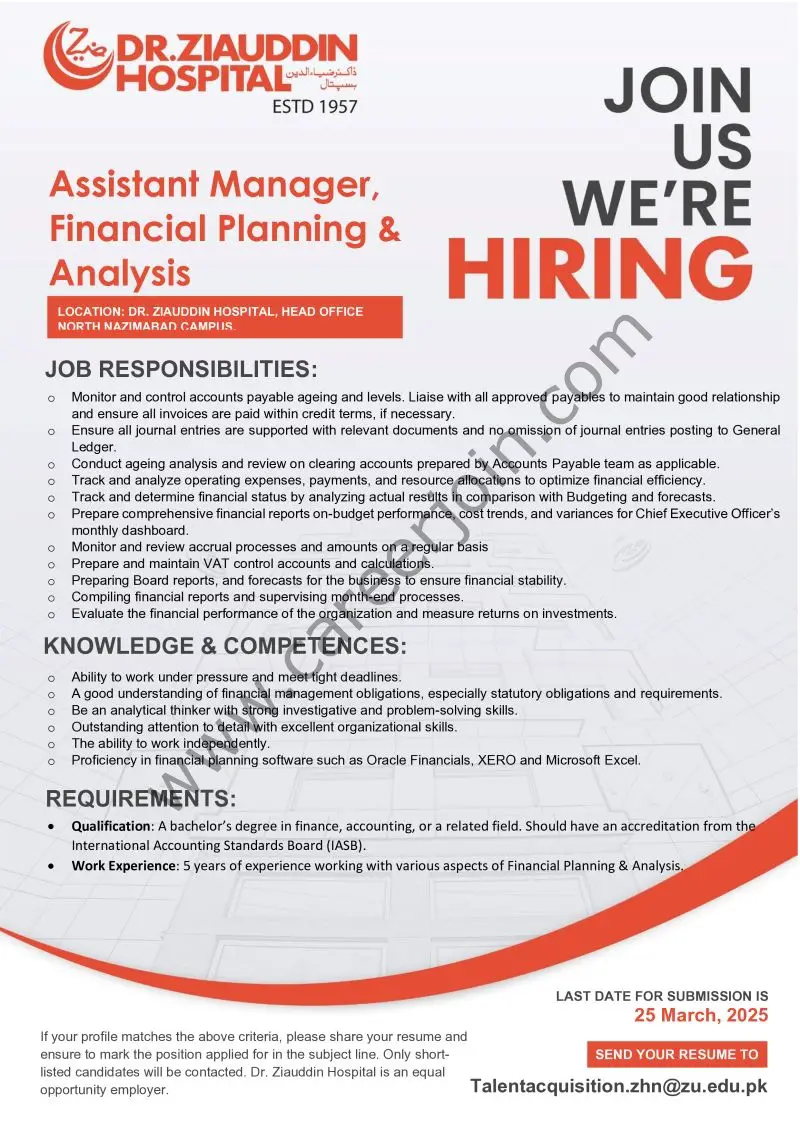 Dr Ziauddin Hospital Jobs Assistant Manager Financial Planning & Analysis 1
