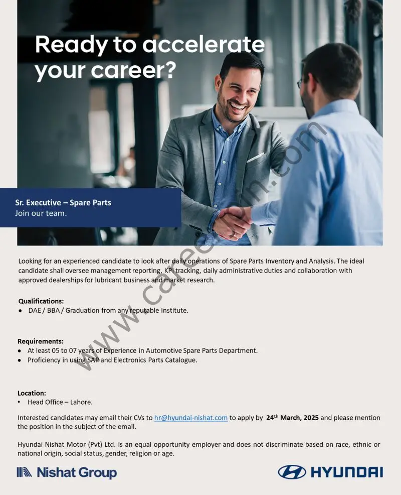 Hyundai Nishat Motor Pvt Ltd Jobs Sr Executive Spare Parts 1