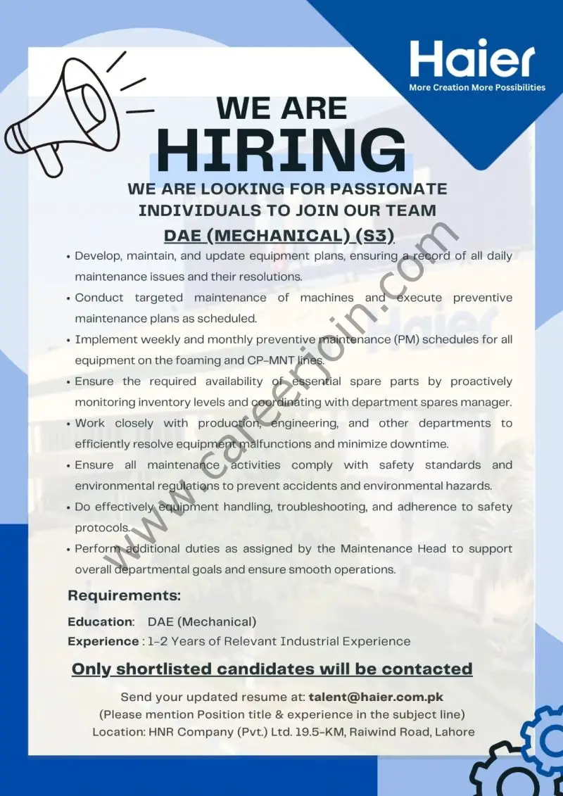 Haier Pakistan Jobs DAE Mechanical 1