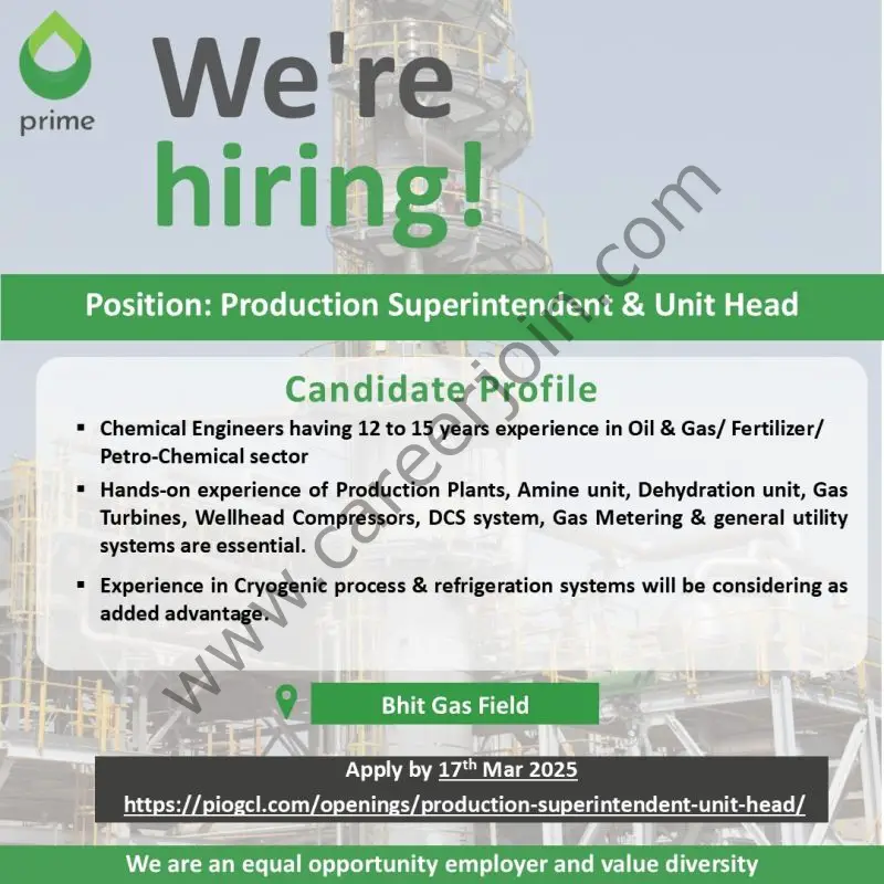 Prime Pakistan Limited Jobs Production Superintendent & Unit Head 1