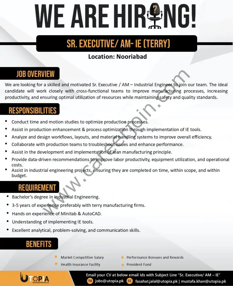 Utopia Industries Pvt Ltd Jobs Sr Executive / AM IE 1
