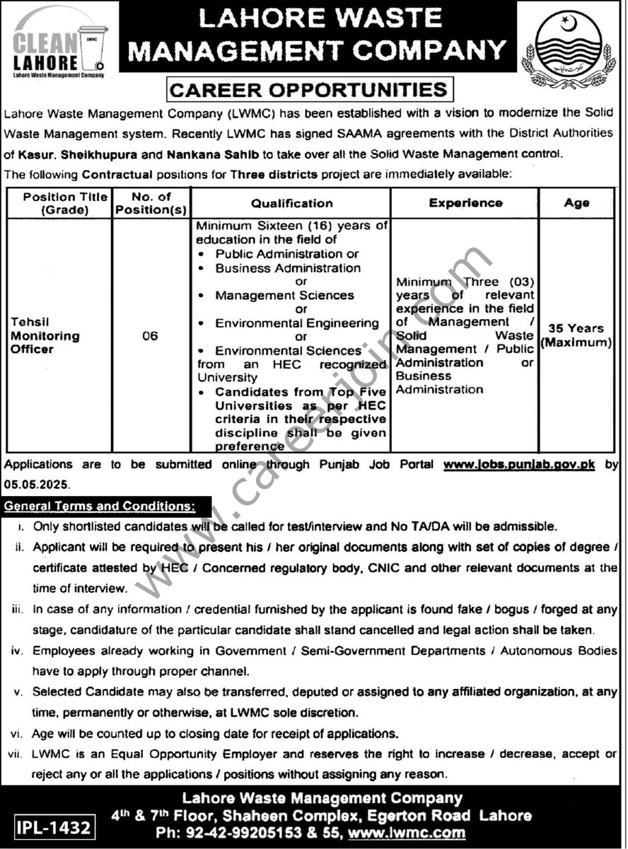 Lahore Waste Management Co LWMC Jobs 20 April 2025 Express Tribune 2