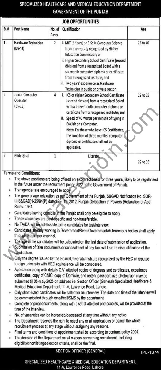 Specialized Healthcare & Medical Education Dept Punjab Jobs 16 April 2025 Express 1