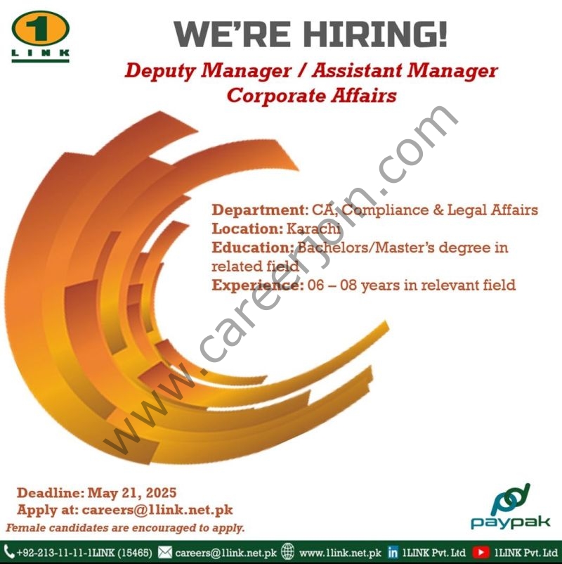 1Link Pvt Ltd Jobs Deputy Manager / Assistant Manager Corporate Affairs 1