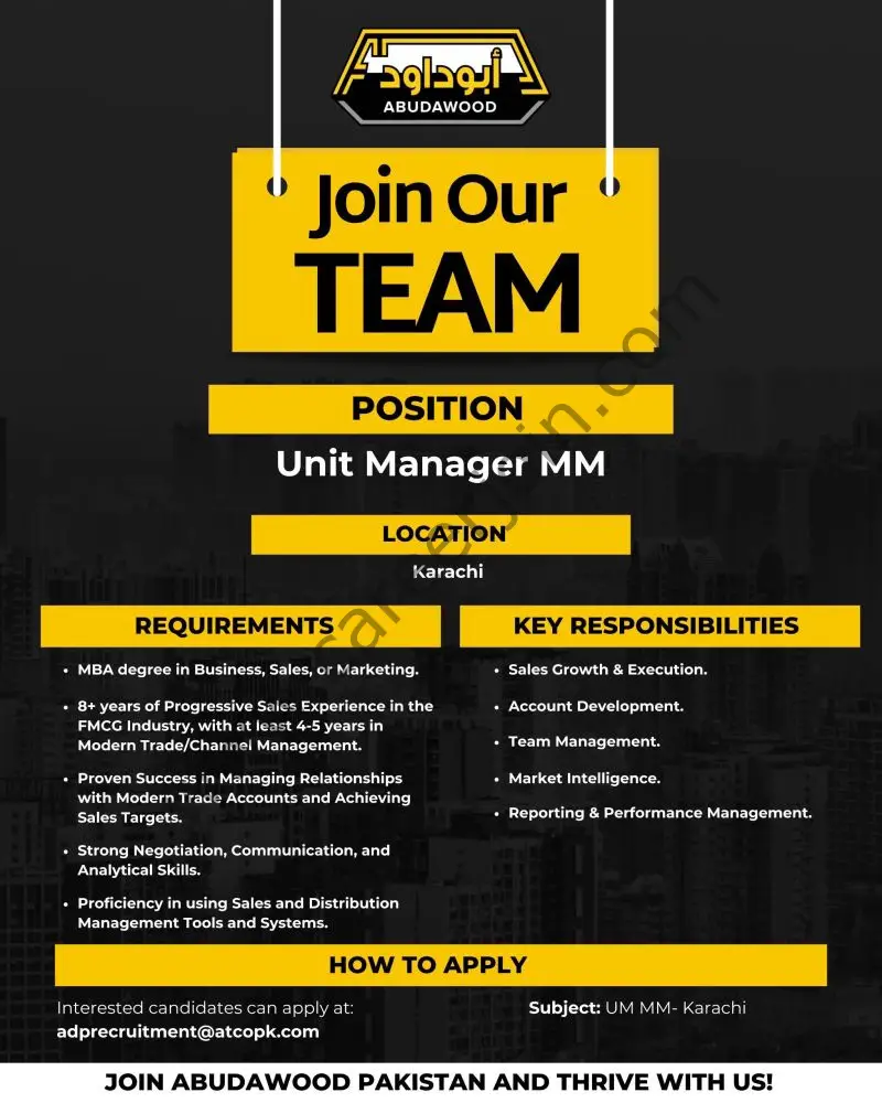 Abudawood Pakistan Jobs Unit Manager MM 2
