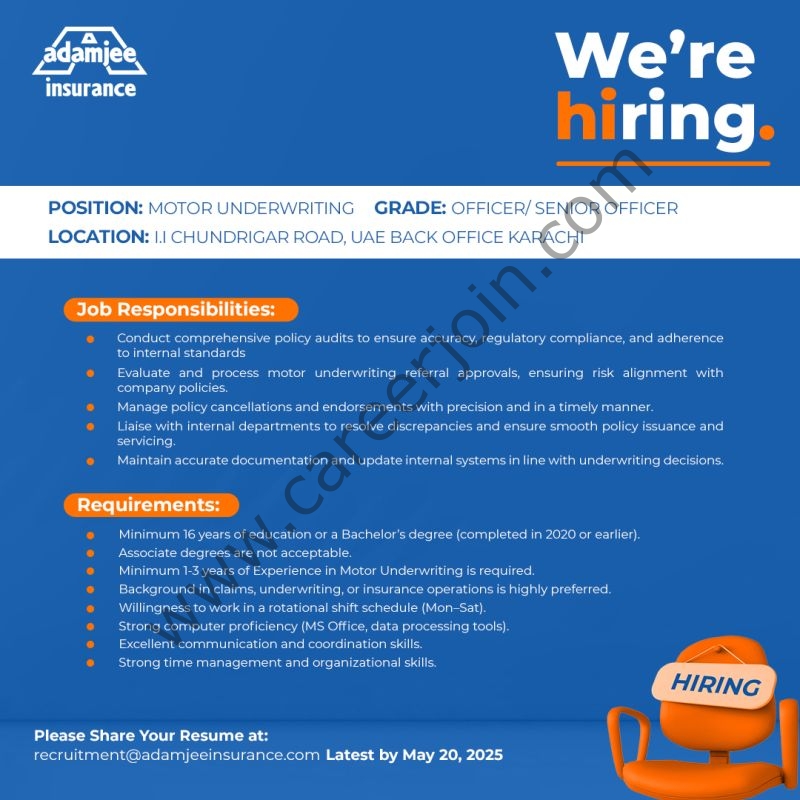 Adamjee Insurance Jobs Officer / Sr Officer Motor Underwriting 1