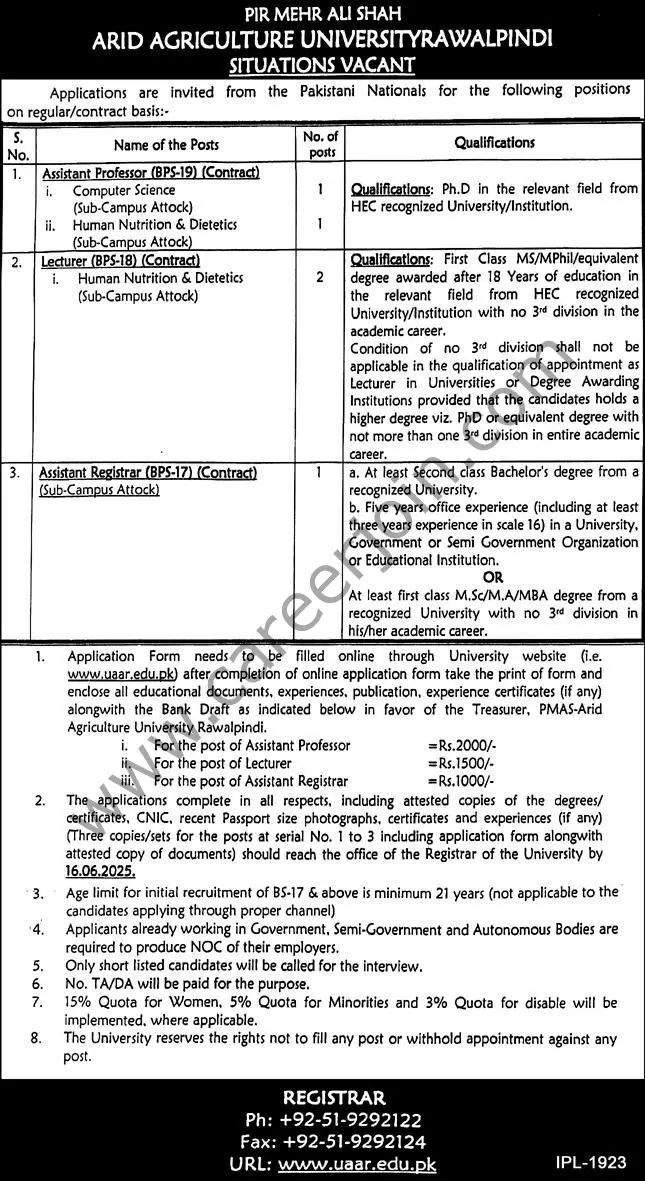Arid Agriculture University Jobs 18 May 2025 Express 1