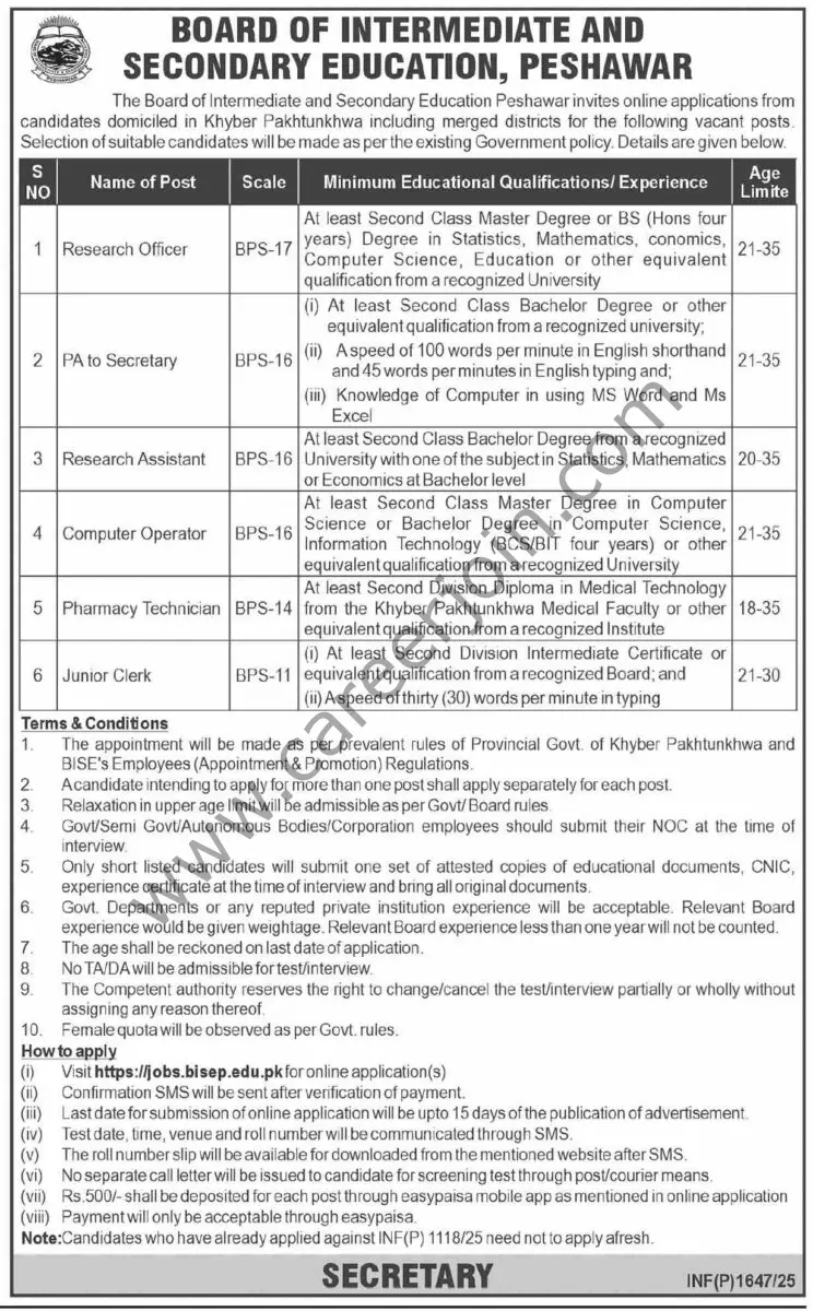 Board of Intermediate & Secondary Education Peshawar Jobs May 2025 1