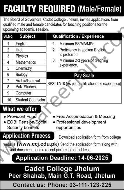 Cadet College Jhelum Jobs 25 May 2025 Express 1