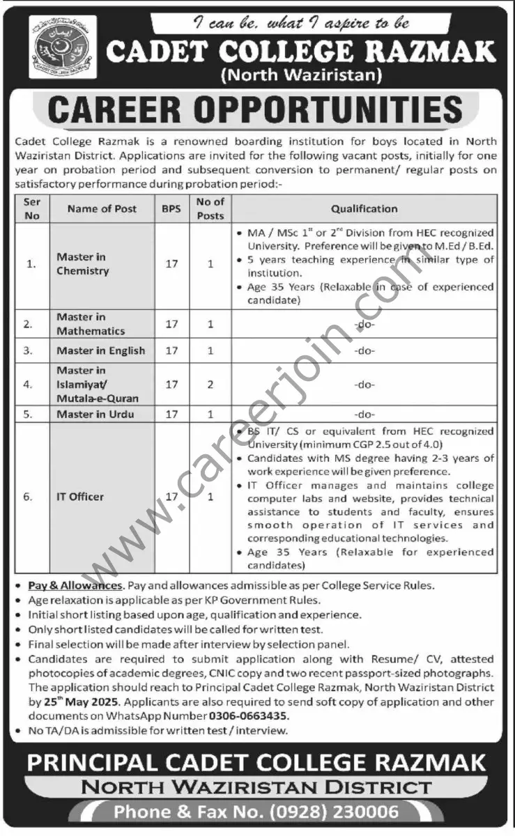 Cadet College Razmak Jobs May 2025 1
