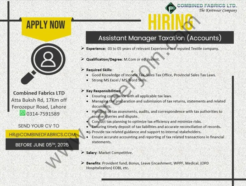Combined Fabrics Limited Jobs Assistant Manager Taxation 1